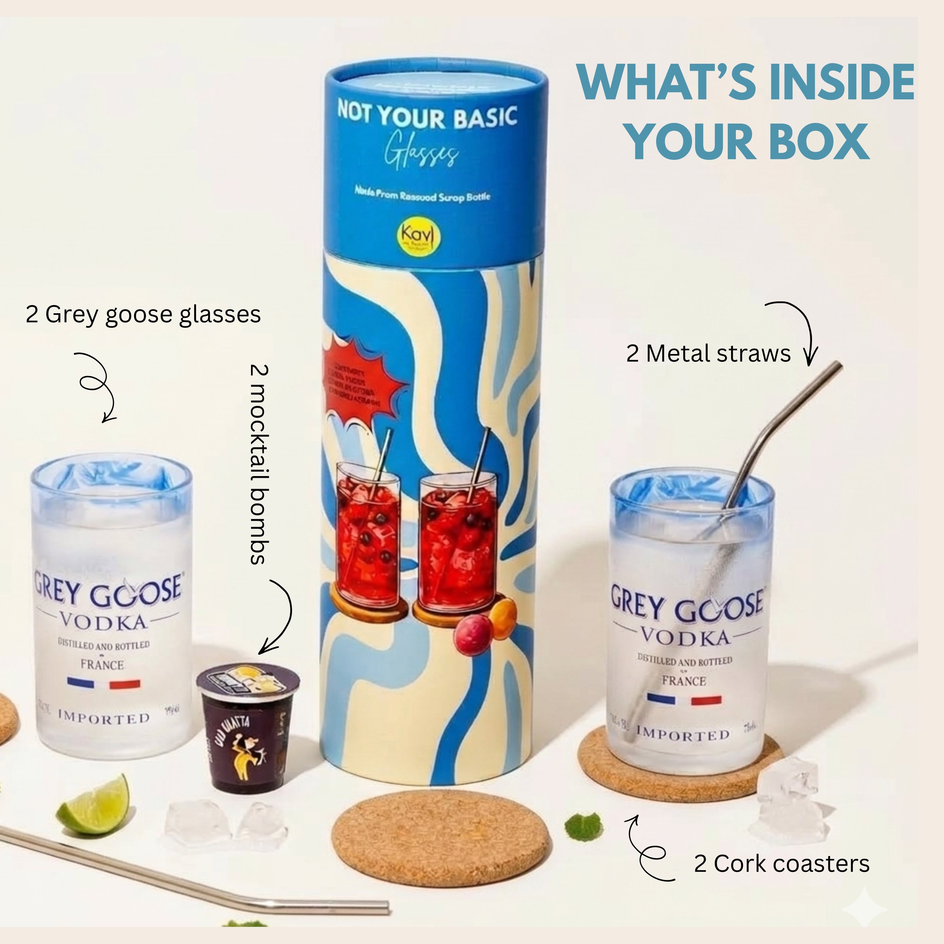 Kool packaging with Grey Goose vodka glasses, cocktail bombs, straws, and coasters on a white background.