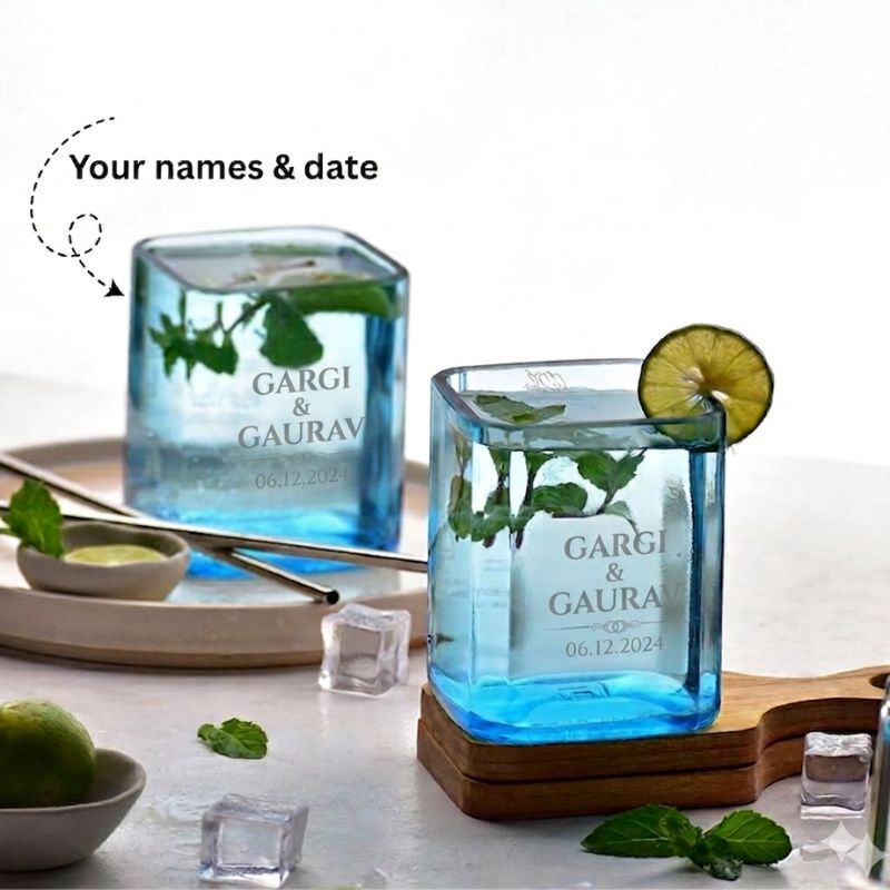 Set of customized engraved Bombay Sapphire glassware, elegant drinkware set from Kavi The Poetry-Art Project.