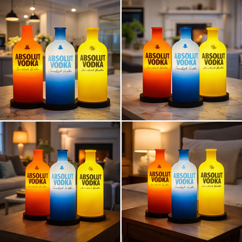 Set of three Absolut Vodka-themed Inlit lamps by Kavi The Poetry-Art Project, featuring artistic illuminated glass designs.