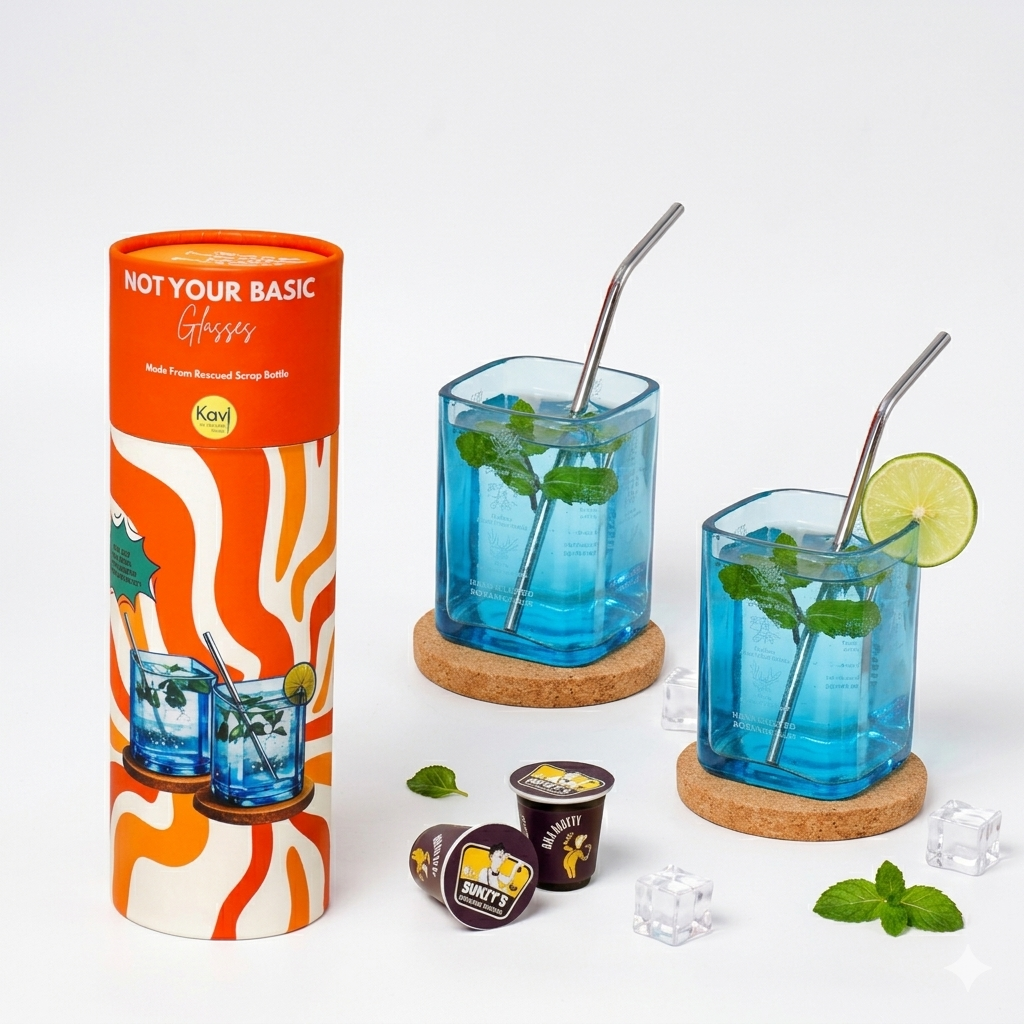 Two blue glasses with mint leaves and straws, a colorful box labeled 'Not Your Basic', and small cups on a white background.