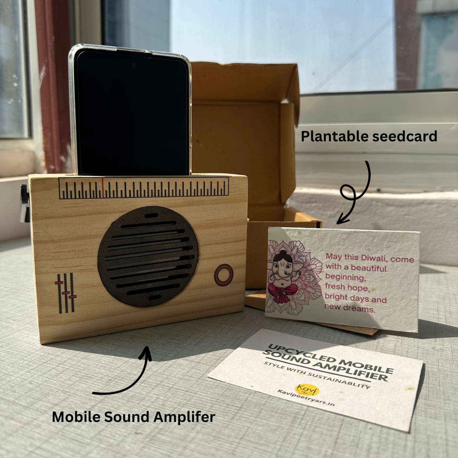 Customised Upcycled Mobile Phone Sound Amplifier with Plantable Diwali Card