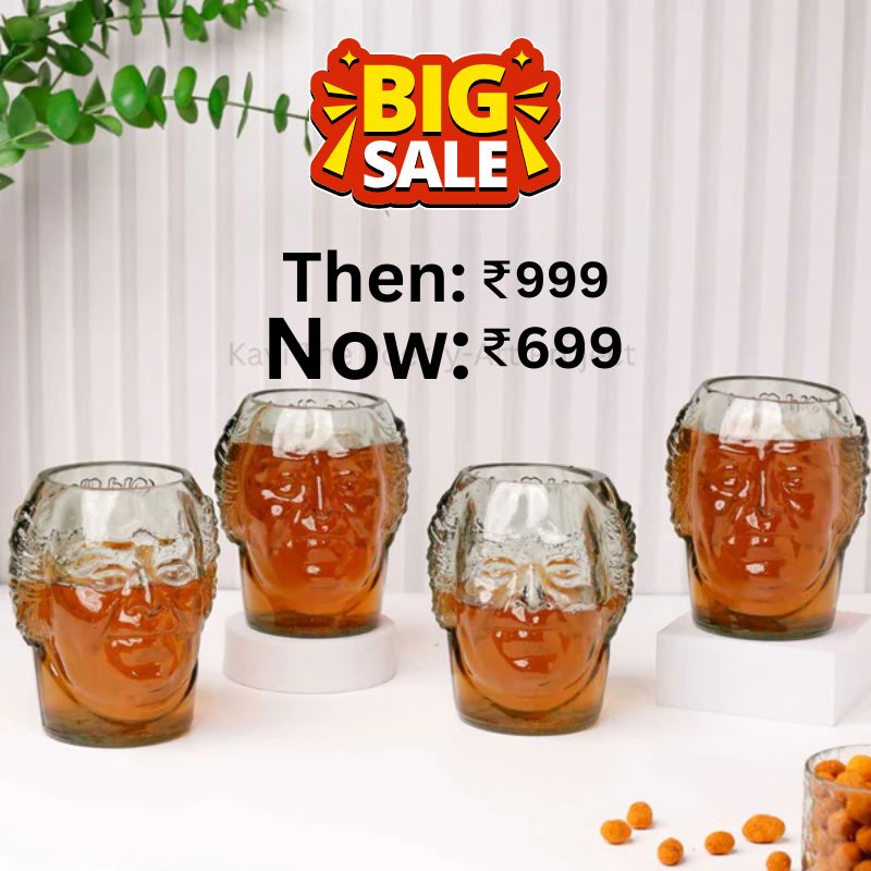 Small Old Monk face beer glass by Kavi The Poetry-Art Project, featuring a detailed Old Monk face design, 300ML capacity.