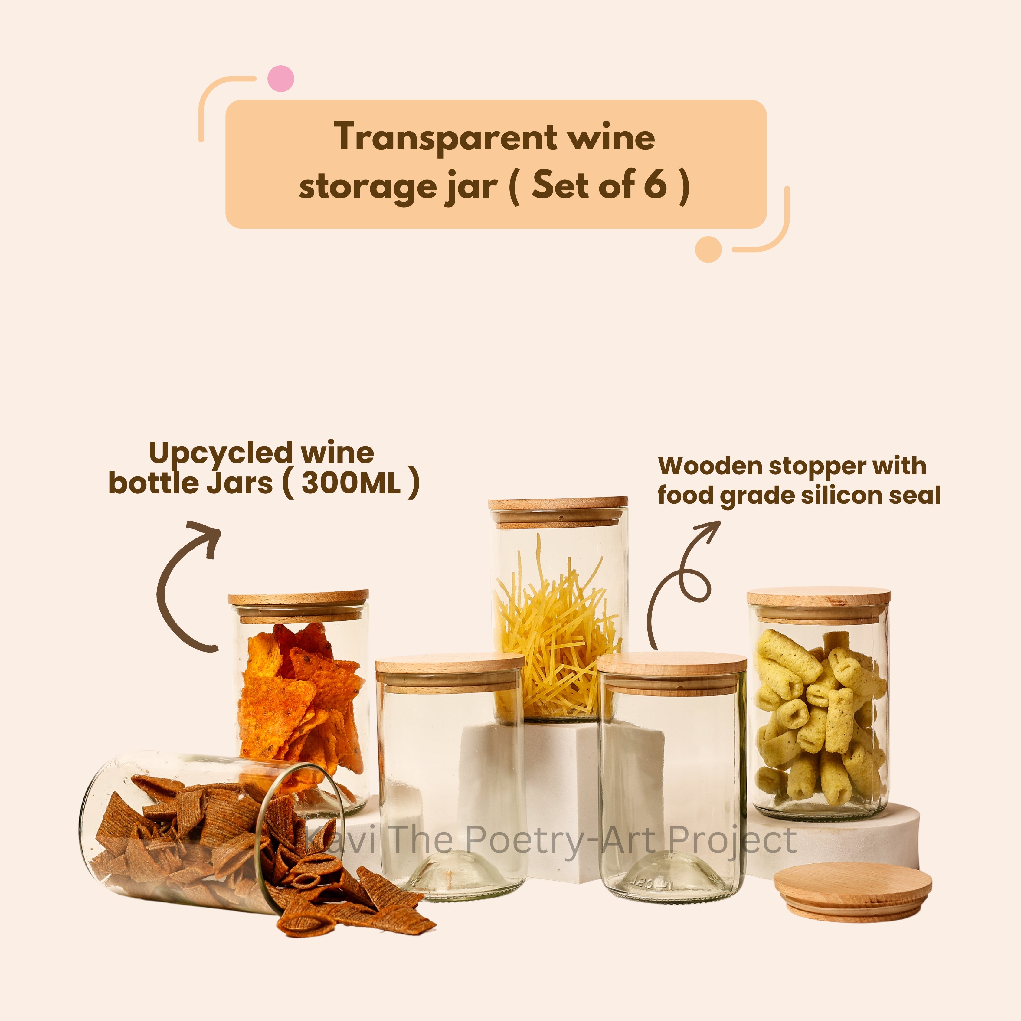 Kavi Transparent Wine Bottle Jars (Set of Six)