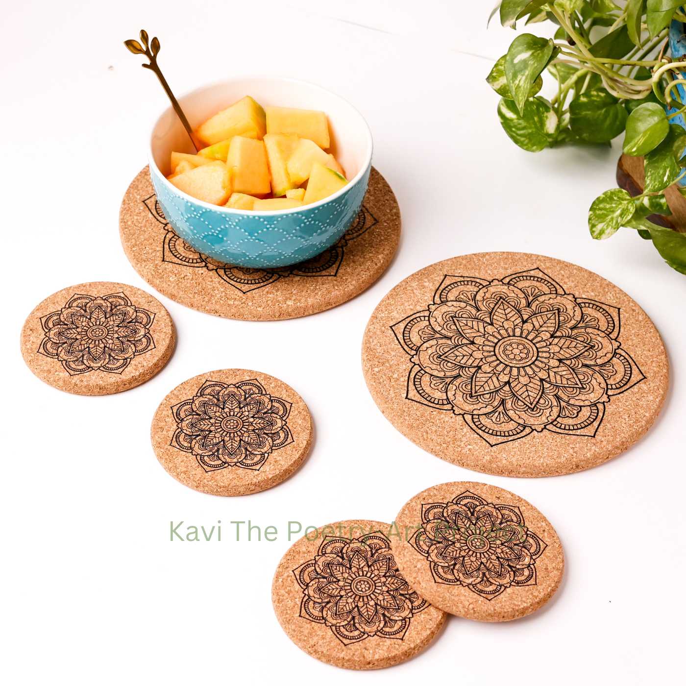 Kavi Mandala Design Cork Trivets With Coasters