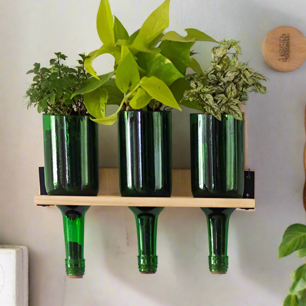Wine Bottle Planters With Wooden Stand