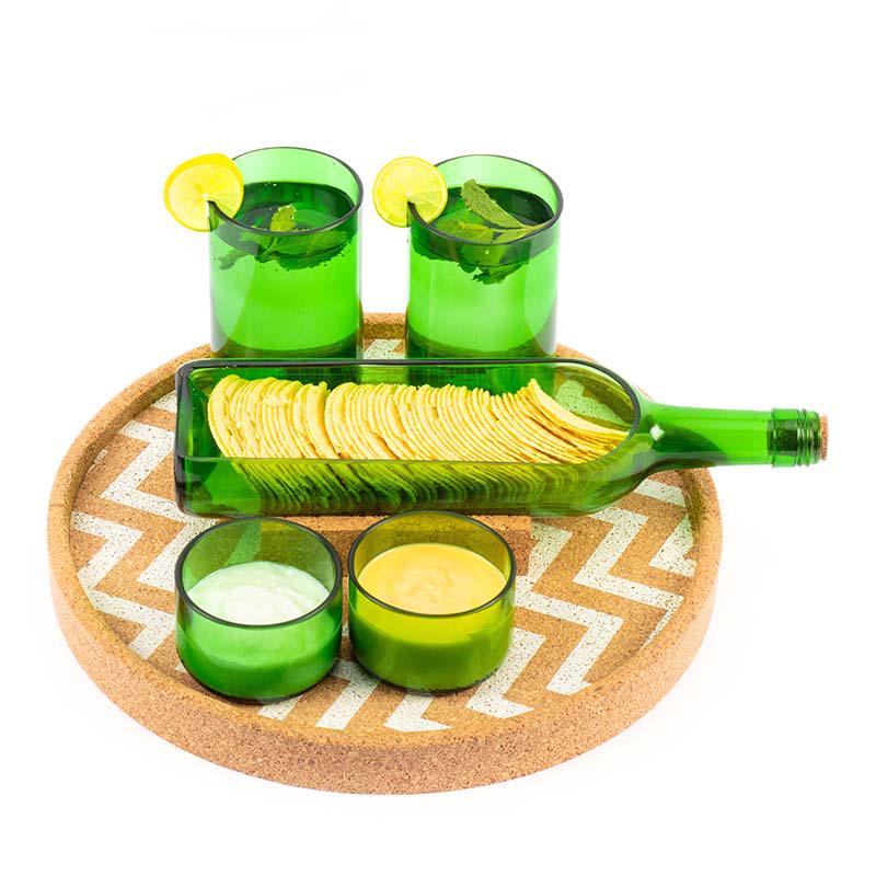 Green Wine Bottle Serving Set With Cork Tray