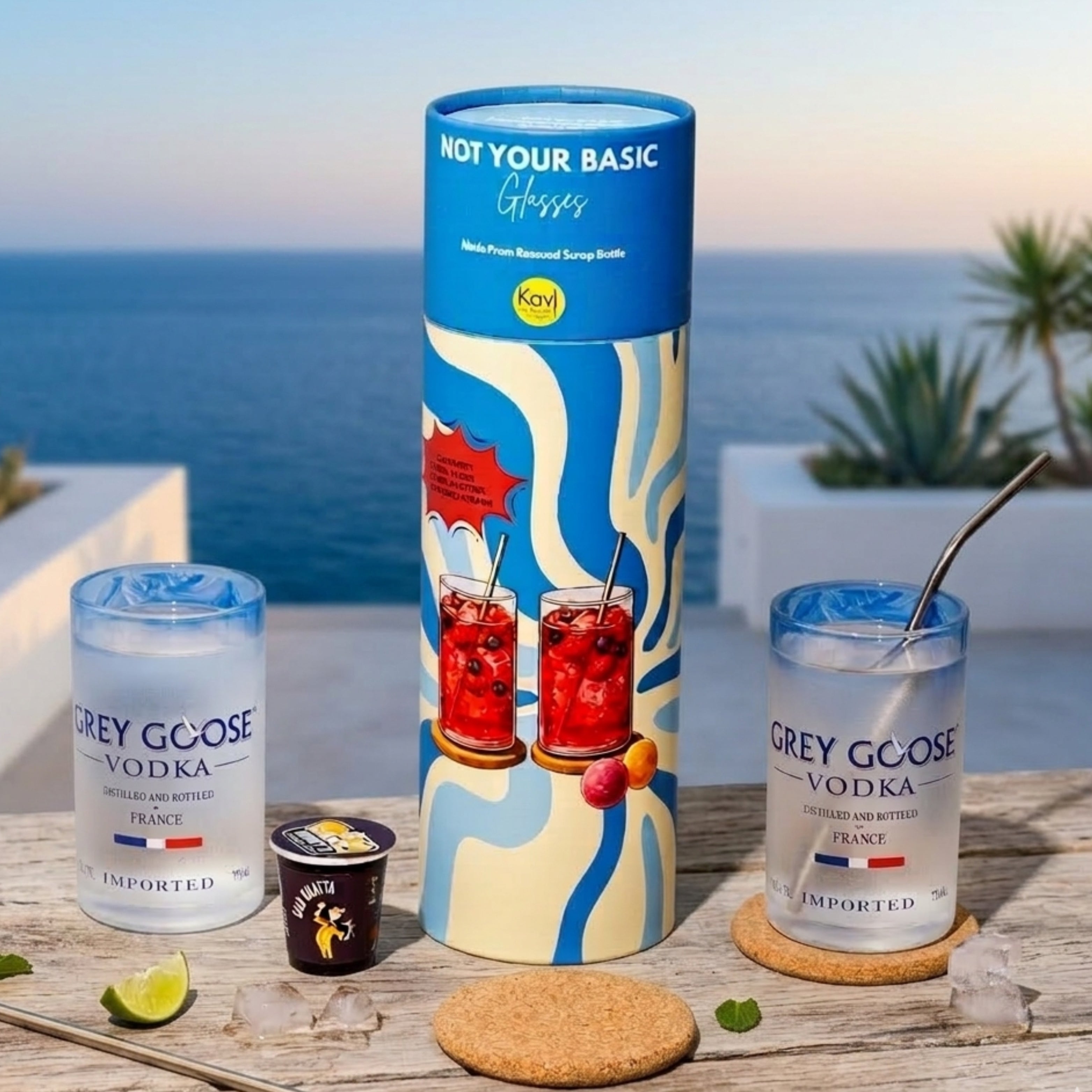 Glasses with Grey Goose vodka and a branded container on a wooden surface with ocean view