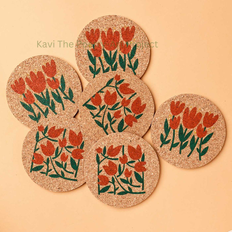 Cork Floral Table Coasters (Set Of 6)