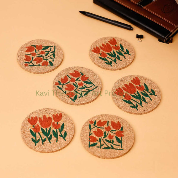 Cork Floral Table Coasters (Set Of 6)