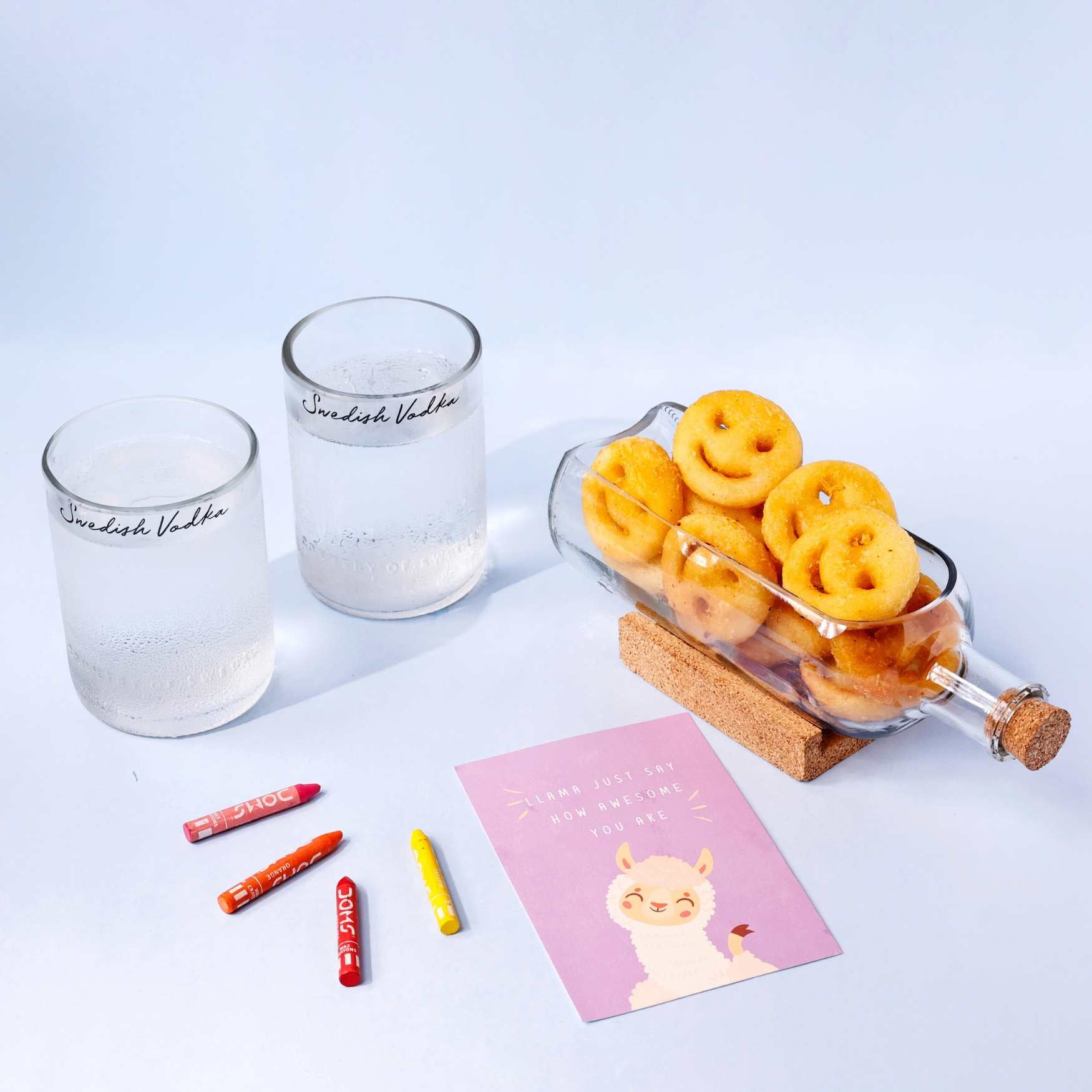 Upcycled Absolut Bottle Platter With Glasses