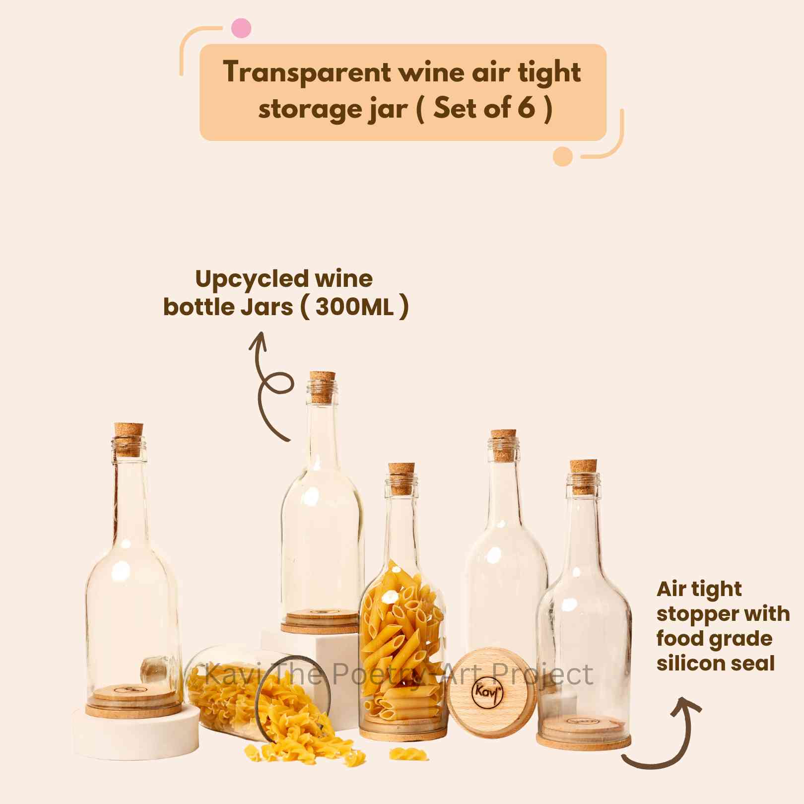 Kavi Transparent Wine Bottle Jars (Set of Six)