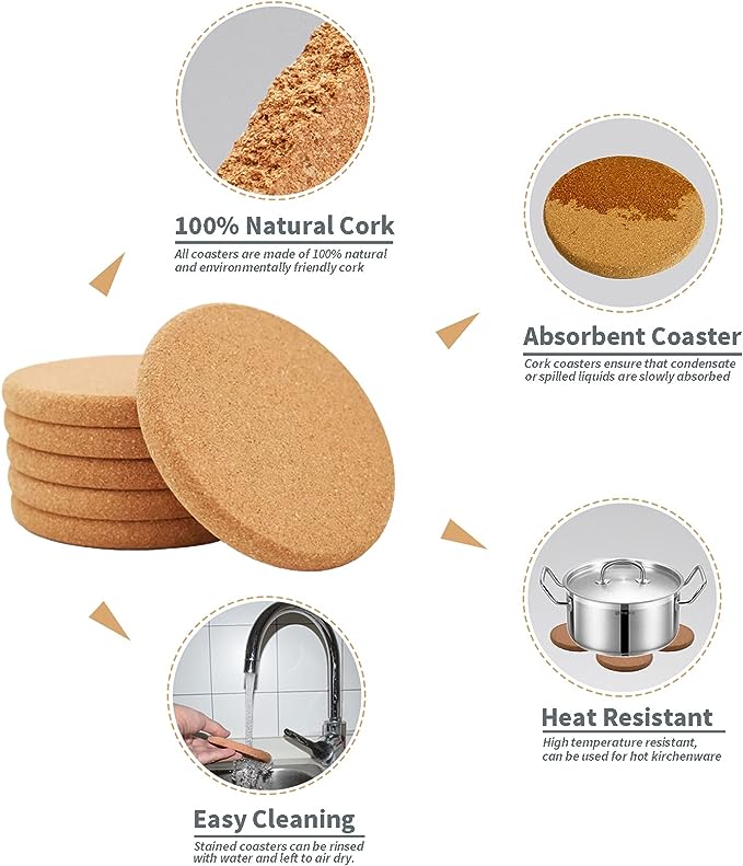 Thick Natural Cork Round Coasters (Set of 6)
