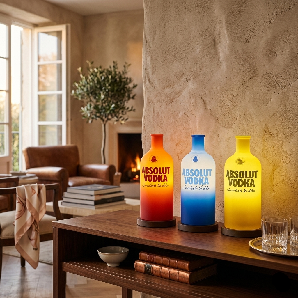 Three Absolut Vodka bottles in red, blue, and yellow on a wooden table with a cozy living room background.
