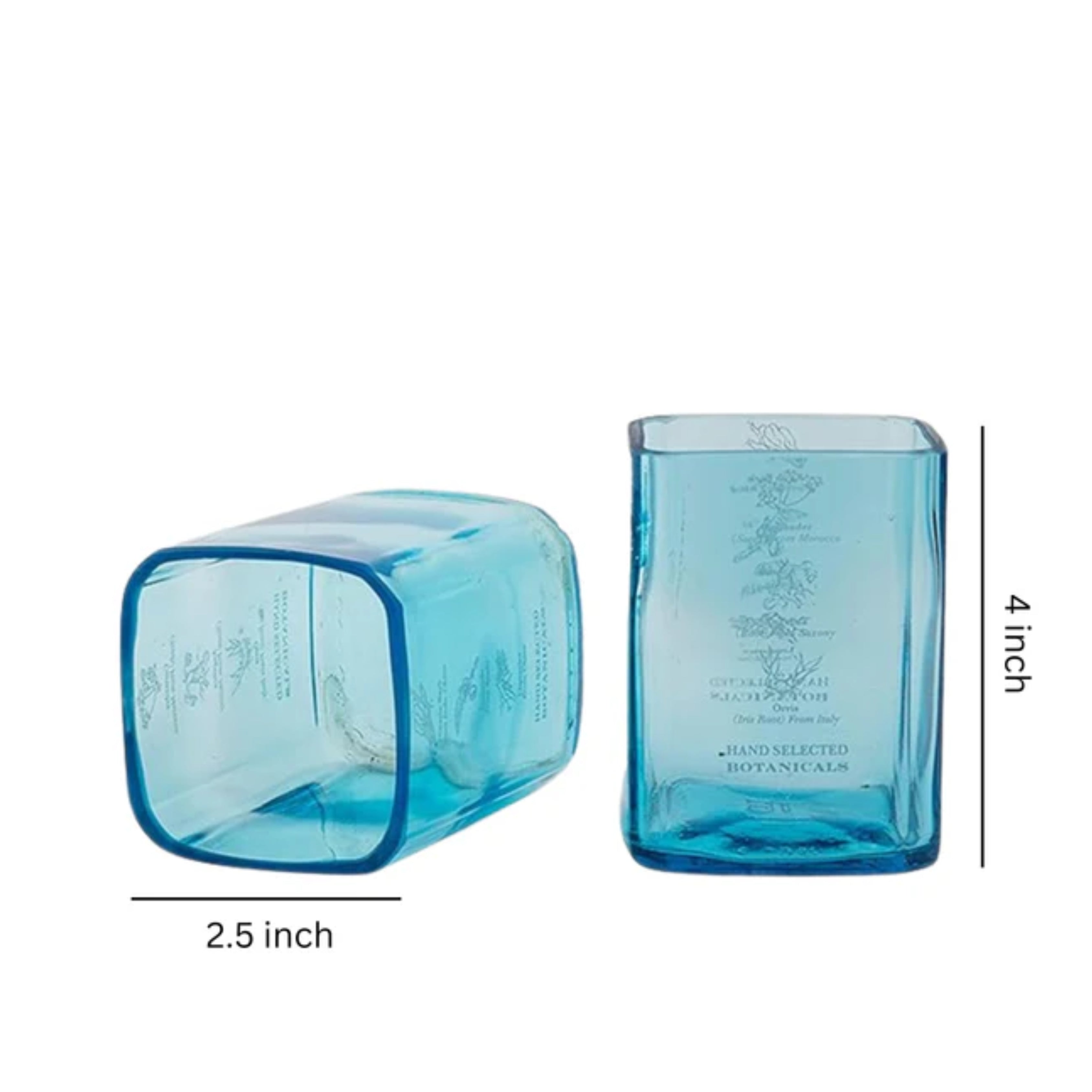 Two blue glass containers with engraved text and measurements on a white background