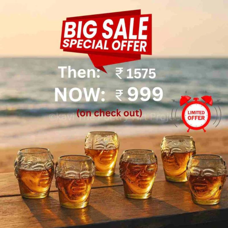 Small Old Monk face beer glass by Kavi The Poetry-Art Project, 300ML capacity, featuring a detailed Old Monk face design.