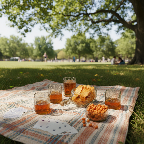 Outdoor picnic with glasses of beer, chips, and snacks on a blanket in a park.