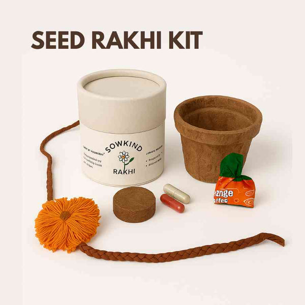 Seed Rakhi Kit with a container, pot, and decorative items on a white background