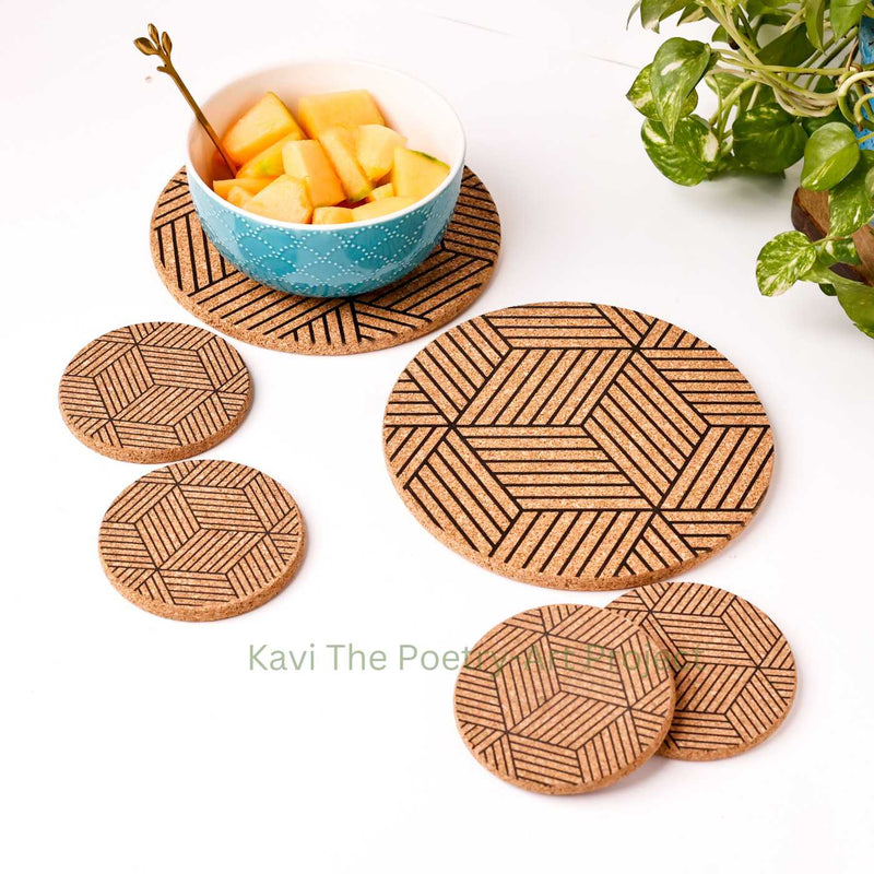 Kavi Geometric Design Cork Trivets With Coaster