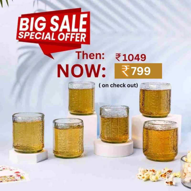 Set of four Old Monk 300ml glass drinkware by Kavi The Poetry-Art Project, featuring clear glass with classic design.