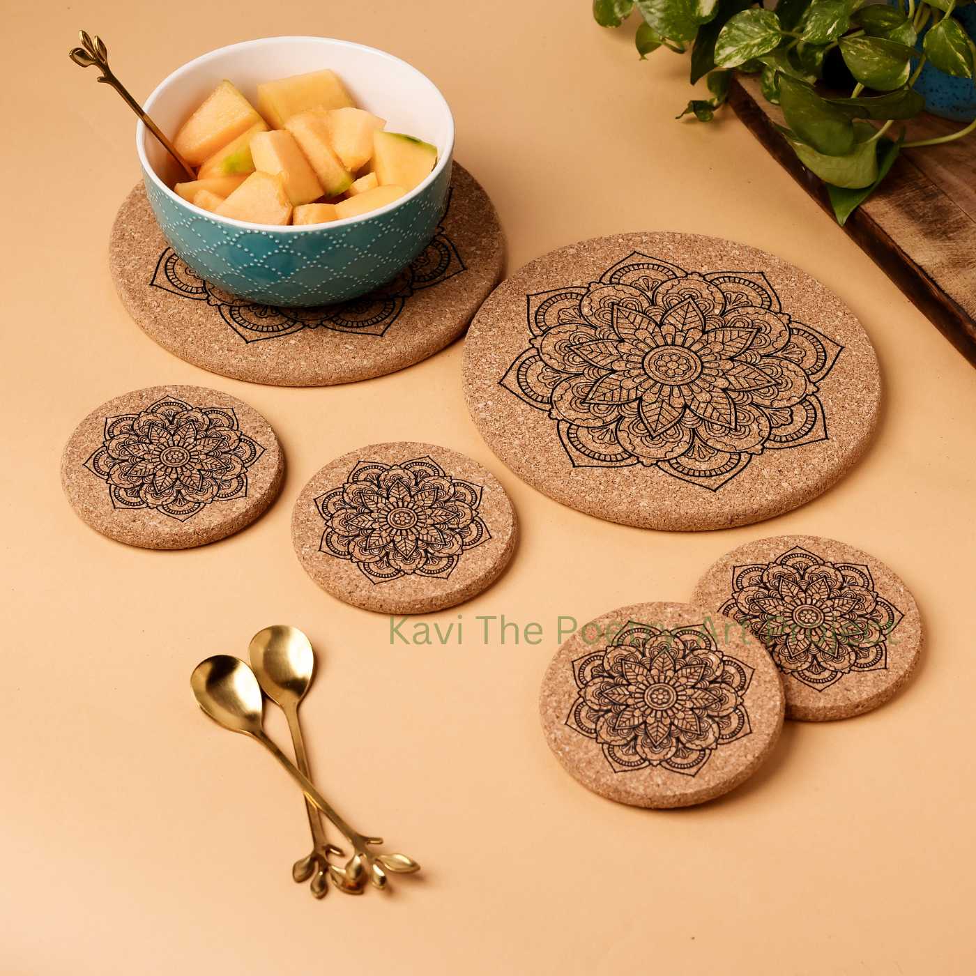 Kavi Mandala Design Cork Trivets With Coasters