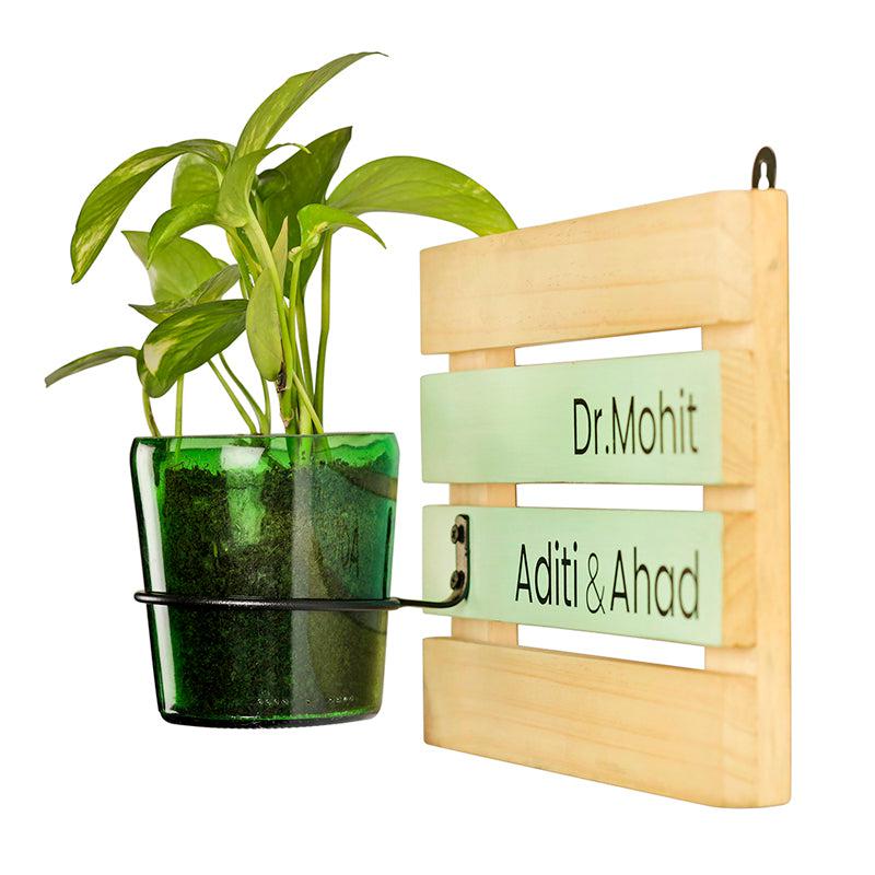 Customised Seagreen Living Name Board With Vat69 Planter