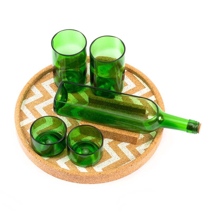 Green Wine Bottle Serving Set With Cork Tray